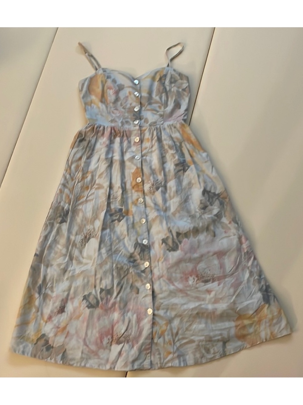 H&M Floral Button-Front Spaghetti Strap Dress - pale blue